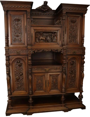 Antique Buffet Renaissance Jester Horse Chariot Ornately Carved Walnut French Cover