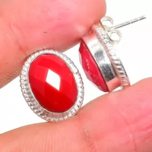 Red Coral Gemstone Handmade 925 Sterling Silver Jewelry Stud Earring Sz 0.75" - Picture 1 of 1