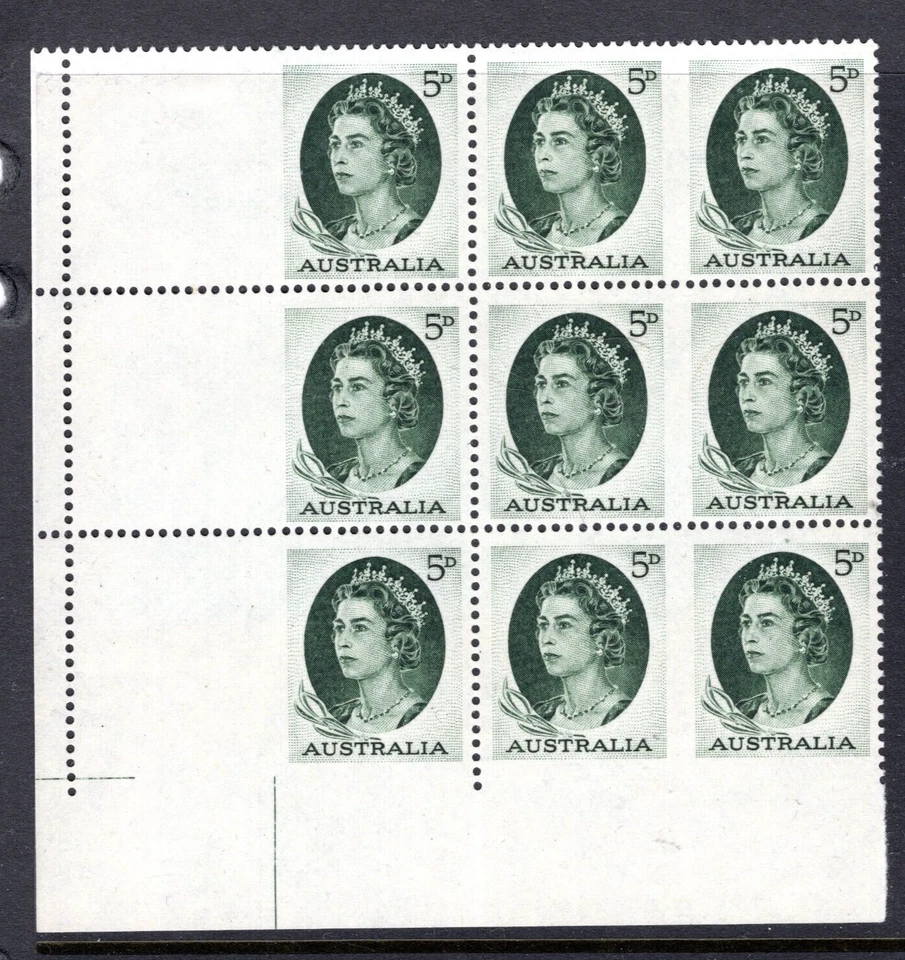 1964 Australia 5d Green QEII Elizabeth  Imperf Issue 6 Panes Block of 9 MNH - Image 1 of 1