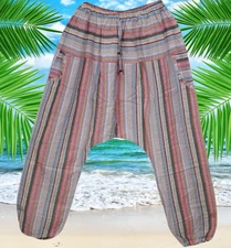 Hippie Boho Yoga Harem Pants Pink Gray Stripe Trouser SEERSUCKER TRAVEL Pant M/L