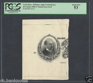Costa Rica 20 Colones 1909-17 Ps124 Partial Face Proof About Uncirculated  - Picture 1 of 2