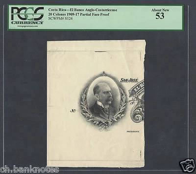 Costa Rica 20 Colones 1909-17 Ps124 Partial Face Proof About Uncirculated  - Image 1 of 2
