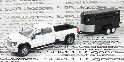Greenlight White 2022 GMC SIERRA 3500 Dually Pickup w/Black Livestock Trailer - Image 1 of 4