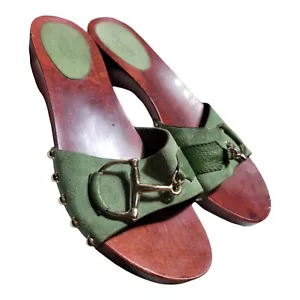 Zueco de cuero verde Gucci de colección Tack de mordida de caballo madera deslizable punta abierta mulas ecuestres - Imagen 1 de 11