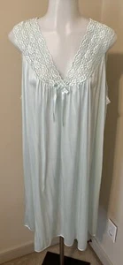 VTG Vanity Fair Nightgown Women “L” Pale Blue Lace Trim Bow Satin Mid Length - Picture 1 of 13