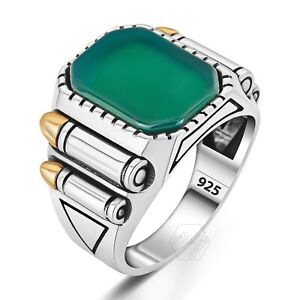 925 Sterling Silver Bullet Design Green Agate Stone Turkish Men's Ring
