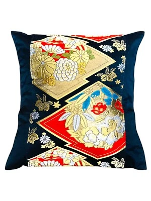 18" Glittering Japanese Kimono Obi Pillow Cover Handmade/Black/ Flower F/S 316 - Image 1 of 4