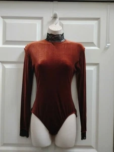 Women's M Victorian Brown Velvet Bodysuit Black Lace High Neck Long Sleeves - Picture 1 of 20