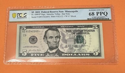 DBR 2021 $5 FRN Minneapolis STAR Fr. 1999-I* PCGS-B 68 PPQ Serial QI01542269* - Image 1 of 2
