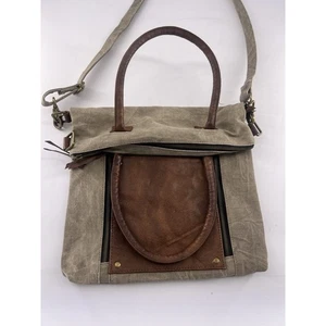 Vtg Mona B Distressed Upcycled Lined Satchel Crossbody Bag Cotton Leather Purse - Picture 1 of 5