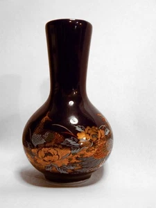 Jarrón japonés vintage azul cobalto diseño flor pavo real borde dorado - Imagen 1 de 3