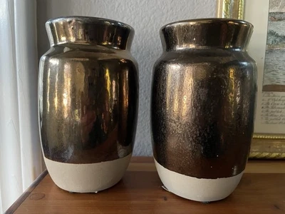 Nate Berkus NB VIEJA 2012 Overlay Glaze Pottery Vases Metallic 5” H [SET OF 2] - Image 1 of 4