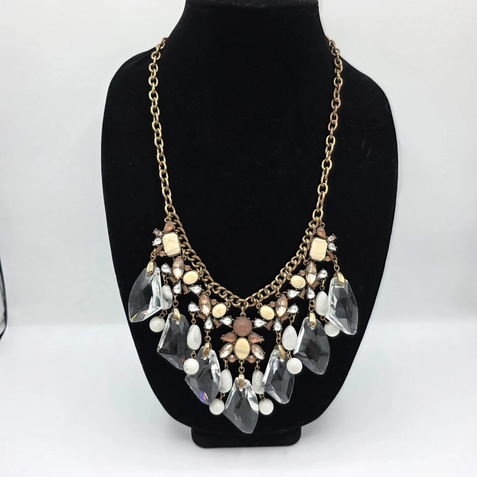 女士金色链白色水晶棕色珠围兜声明项链波西米亚 26 — 第 1/4 张图片