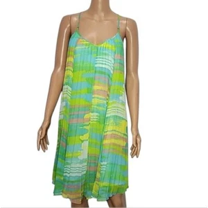 Tory Richard Green/Blue colorful sleeveless pleated Shift dress size 6 Small - Picture 1 of 10