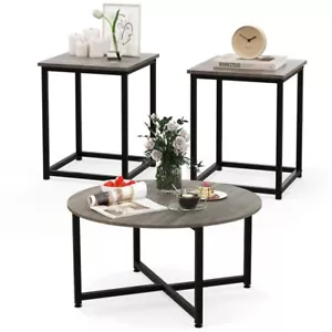 3-Piece Gray Coffee Table Set Round Coffee Table and 2PCS Square End Tables - Picture 1 of 10