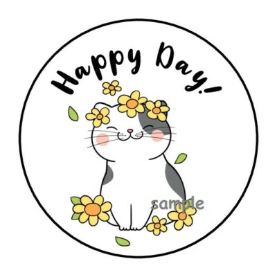 PARTYMOMMY 30 HAPPY DAY CAT KITTEN WITH DAISIES ENVELOPE SEALS LABELS STICKERS 1.5" ROUND