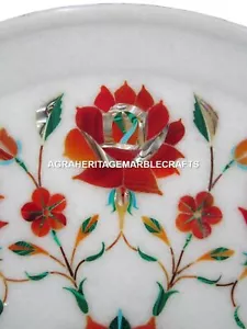 12" Marble Serving Tray Plate Rare Coral Inlay Mosaic Marquetry Table Deco H1440 - Picture 1 of 4