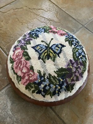Charming Little Round Dumpy Vintage FootStool ~ Tapestry Top Butterfly Floral - Image 1 of 4
