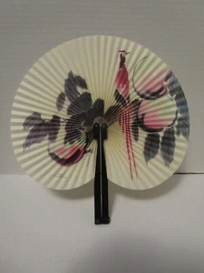Vintage Republic of China 10" Bird Design Paper Folding Hand Fan w/ Metal Handle - Picture 1 of 5