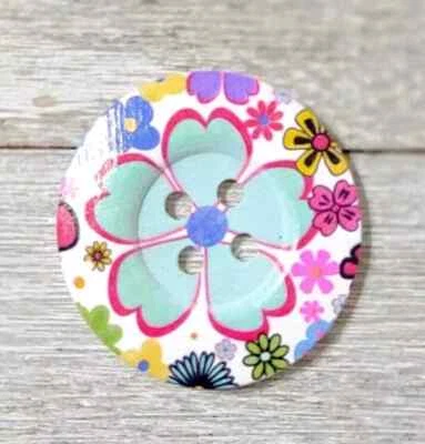 wood large heart sewing buttons 4 holes 2 inch blue pink flower - Image 1 of 2