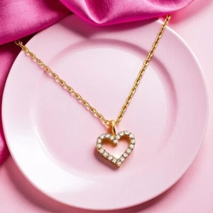 Gold Heart Pendant Necklace with White CZ Pave Stones Love Jewellery For Her UK - Picture 1 of 3