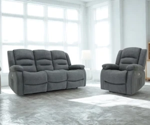 Electric Recliner Grey Fabric Sofa 3, 1 Seater or Set Napoli| Fast UK Delivery ! - Picture 1 of 15