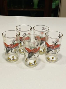 Cinco vasos de vidrio vintage de caza de faisán Hazel Atlas de 5" MCM Acción de Gracias - Imagen 1 de 5