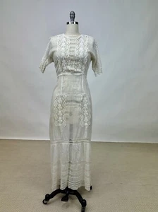 Antique Edwardian White Cotton Summer Tea Dress Floral Lace Cutwork Stitch Pleat - Picture 1 of 18