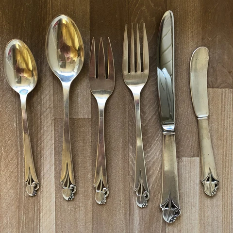 6 pce Place Setting Frank Smith Woodlily Midcentury Modern Sterling Silver Cover