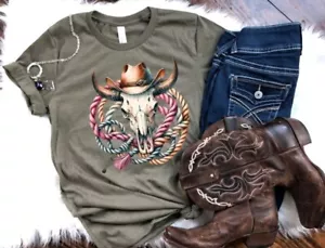 Rope Bull Skull Graphic Tee, Western, NWT, Size M, Country, Cowgirl, T-shirt, - Picture 1 of 7