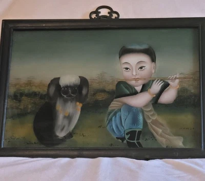 Antigua pintura china reverso vidrio niño flauta pekinés Shih Tzu perro pre-1940 Foto 1 de 4
