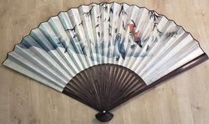 Grande ventaglio dipinto a mano anatra mandarino vintage asiatica cinese decorazione parete 52" - Foto 1 di 10