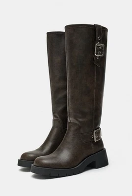 Botas de montar Zara de cuero marrón hasta la rodilla con hebilla para mujer talla US 11 EU 42 Foto 1 de 4