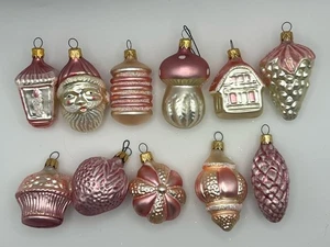 11 Glas Weihnachtsschmuck rosa weiß Glitzer gold Pontil Columbia Retro Weihnachtsmann - Bild 1 von 12