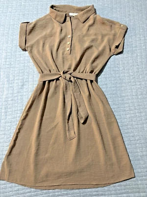 Joie de Vivre Womens Belted Shirt Dress Sz Small Elastic Waist Brown/Tan - Image 1 of 4
