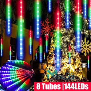 144 luces LED solares lluvia de meteoritos Cadena de luces para árbol de Navidad - Picture 1 of 53