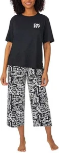 Pigiama donna DKNY set 2 pezzi nero e nero maglietta/pantaloni crop nuovo con etichette. PICCOLO - Foto 1 di 6