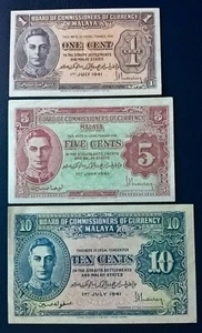 1941 BOCOC Malaya 1cent, 5cents & 10cents 3pcs AU-UNC Foxing Handling Mark - Picture 1 of 2