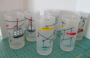 6pc Vtg LIBBEY Calder MCM Planes Fish Ships Mobiles Frosted Highball Glass Set - Picture 1 of 6