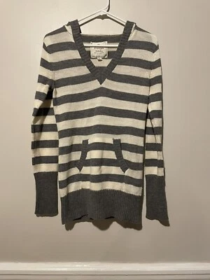 Energie Authenitc L Gray White Striped Knit Hood Sweater Long Sleeve Sweatshirt - Image 1 of 4