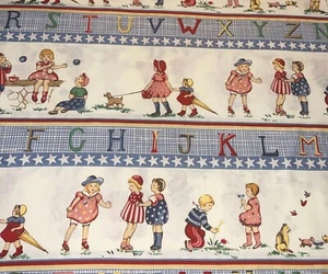 BTHY Vintage Alphabet Stripe Michael Miller Cotton Fabric Children Play Dog Cat - Picture 1 of 5