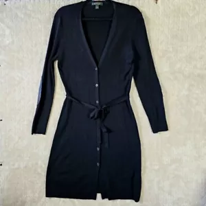 Ralph Lauren Wool Duster Cardigan Womens L Leather Elbow Pad Tie Belted Black - Picture 1 of 10