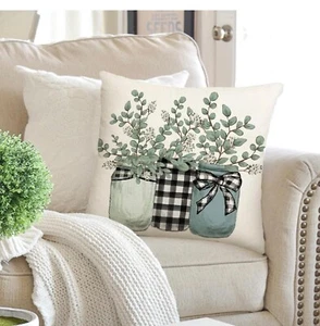 Pillow Cover LINEN French Country Floral Eucalyptus Mason Jars Gingham 18 x 18 - Picture 1 of 7