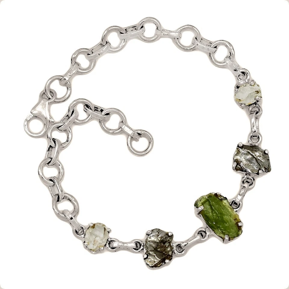 Natural Genuine Czech Moldavite & Herkimer Diamond 925 Silver Bracelet SB17445 - Image 1 of 1
