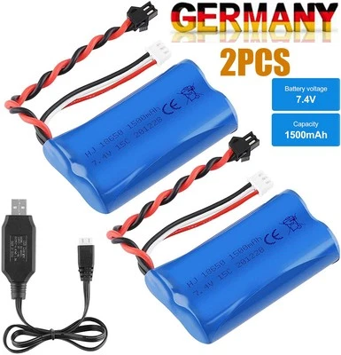 2 Stücke 7,4V 1500mAh Li-Ion Akku mit USB Ladegerät für WLtoys 4WD RC Auto Boot - Bild 1 von 4