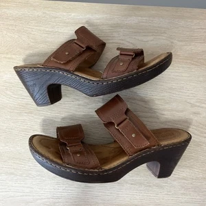 Born Bellot Leather Sandals Heeled Slip On Brown Chunky High Heel Sandal Shoe 9 - Picture 1 of 10