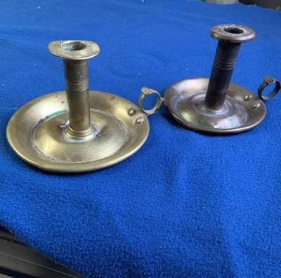 19th Century Brass Chamber Stick Candle Holders (2) Antique - Image 1 of 4