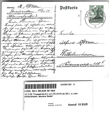 Segunda Guerra Mundial Segunda Guerra Mundial Tercer Reich alemán postal usada 1938 Foto 1 de 2