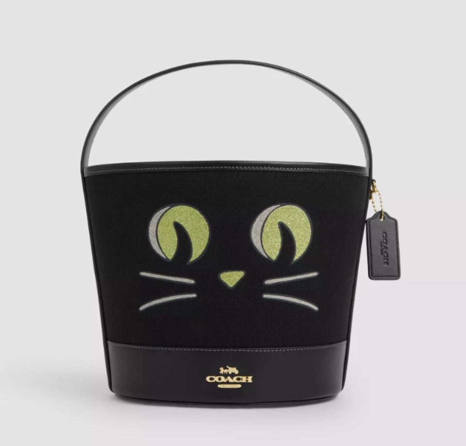 Coach CW532 Trick Or Treat Bucket With Halloween Cat Canvas & Leather Black