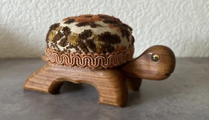 Vintage Wooden Turtle w/Tapestry Pin Cushion Glass Eyes 6” MCM 1970's Kitschy - Picture 1 of 8
